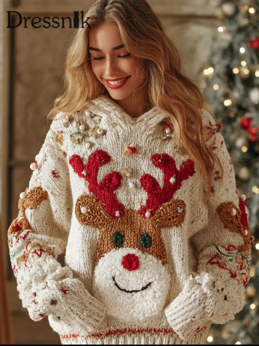 Damen Vintage Weihnachts pullover Elch gestrickt als bild / S