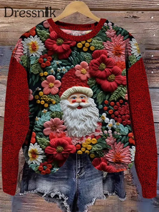 Damen Vintage Weihnachtsmann-Blüten-Stickerei 3D Gedruckt Lose Basic Lange Ärmel Sweatshirt A / S