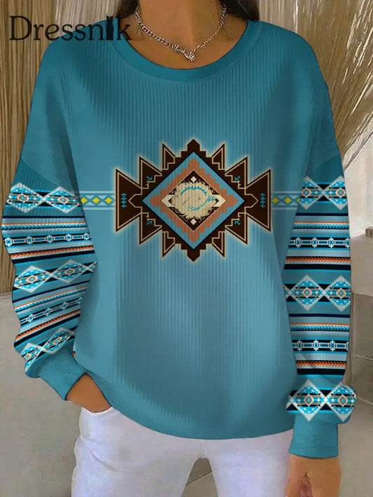 Damen Vintage Western Azteken geripptes Rundhals-Sweatshirt als bild / S