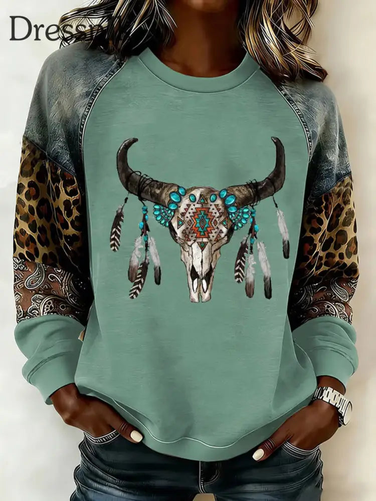 Damen Vintage Western Azteken Muster Raglan Ärmel Sweatshirt als bild / S