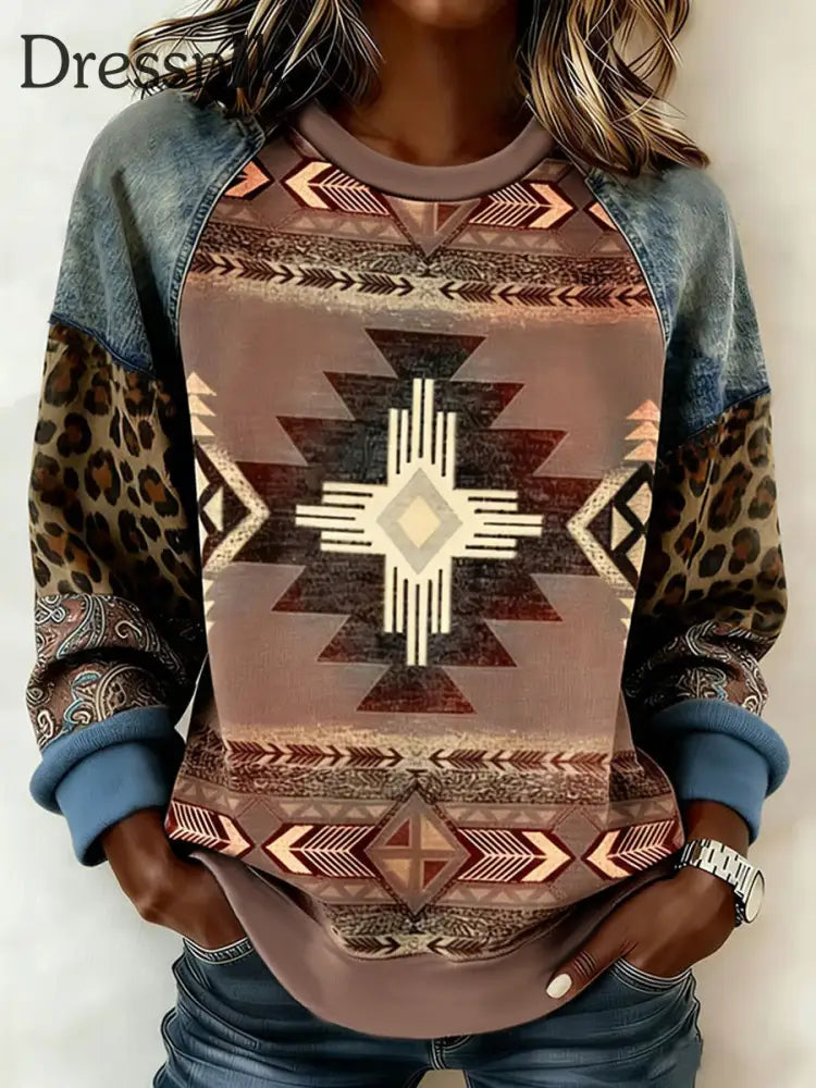 Damen Vintage Western Azteken Muster Raglan Ärmel Sweatshirt als bild / S