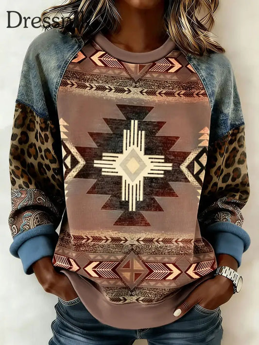 Damen Vintage Western Azteken Muster Raglan Ärmel Sweatshirt als bild / S