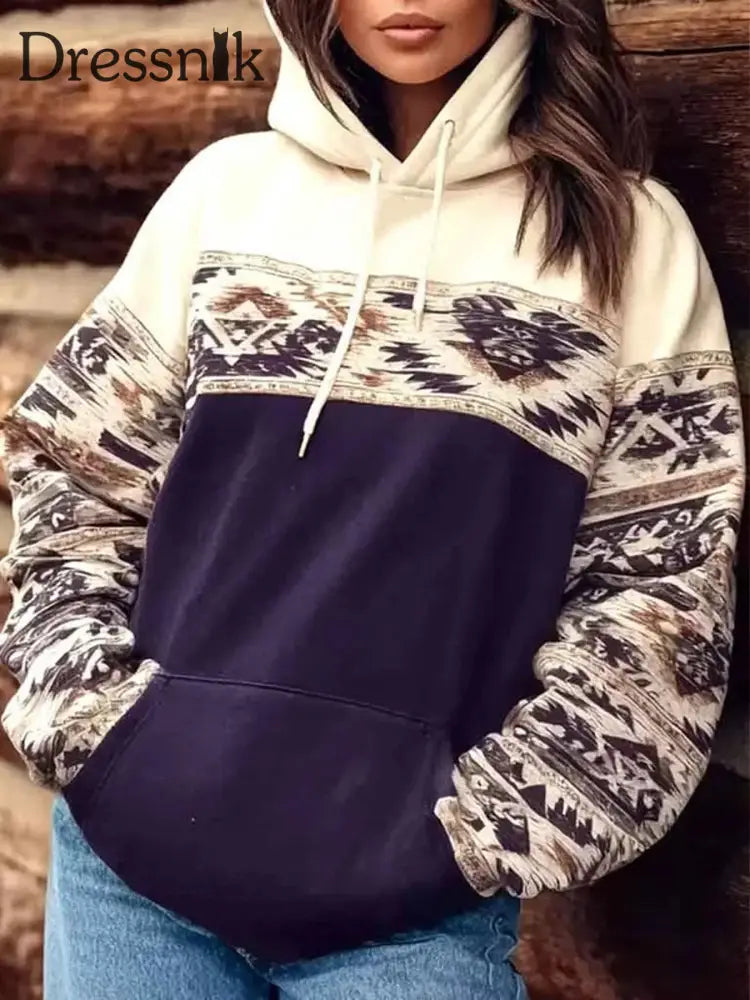 Damen Vintage Western Azteken Muster Taschen Hoodie als bild / S