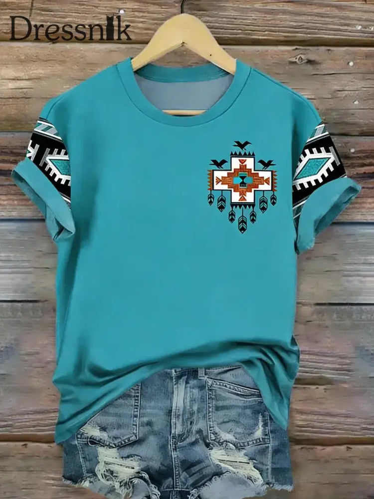 Damen Vintage Western Azteken Print Lässiges T-Shirt mit kurzen Ärmeln als bild / S