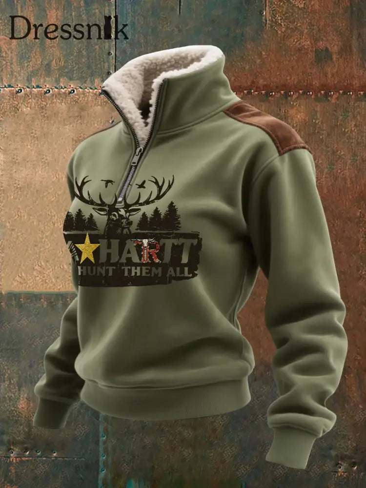 Damen Vintage Western bedrucktes Casual Sweatshirt Armee grün / S