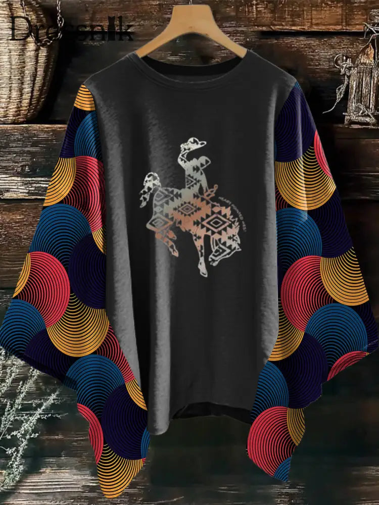 Damen Vintage Western bunt Kentucky Derby Aztekisches Pferd Mix & Match Kantha T-Shirt Top Grau / S