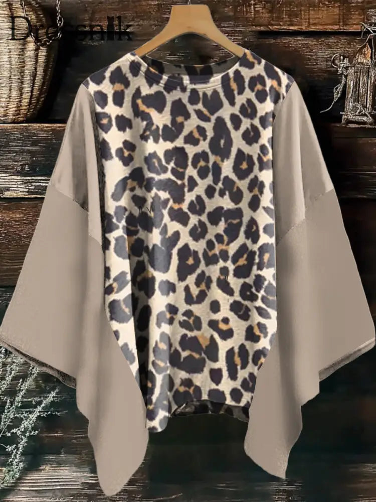 Damen Vintage Western bunt Leopard Mix & Match Kantha T-Shirt Top Aprikose / S