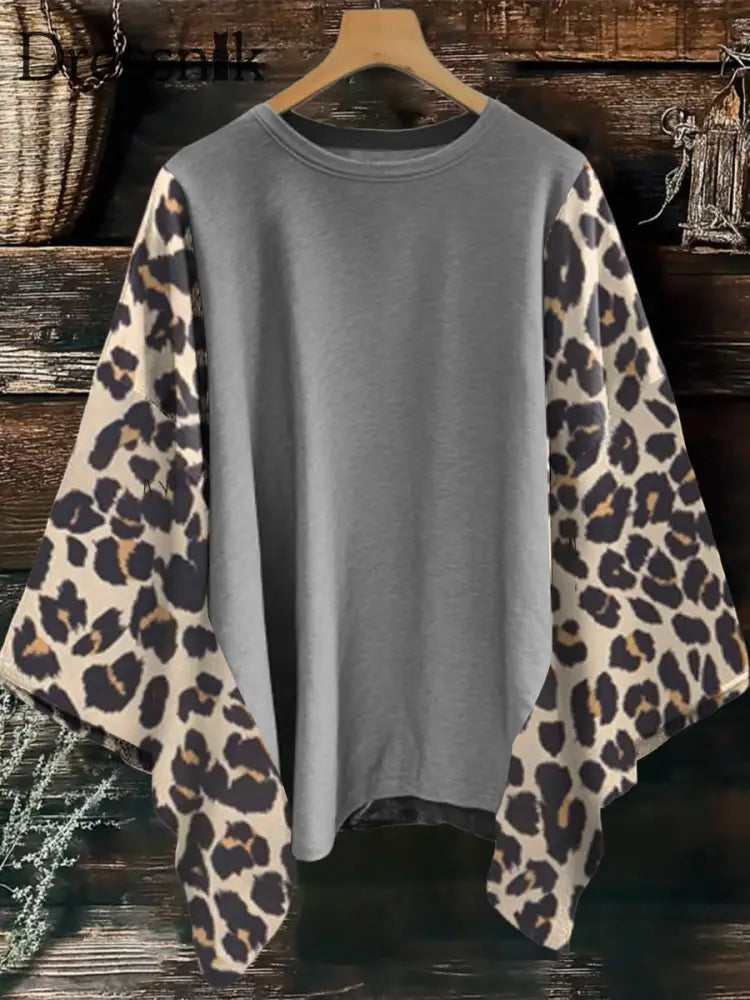 Damen Vintage Western bunt Leopard Mix & Match Kantha T-Shirt Top Grau / S