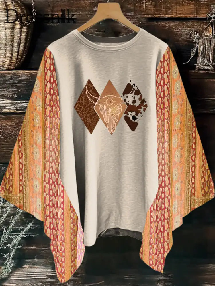 Damen Vintage Western bunte Kuh Schädel Quadratisch Leopard Mix & Match Kantha T-Shirt Top Aprikose / S