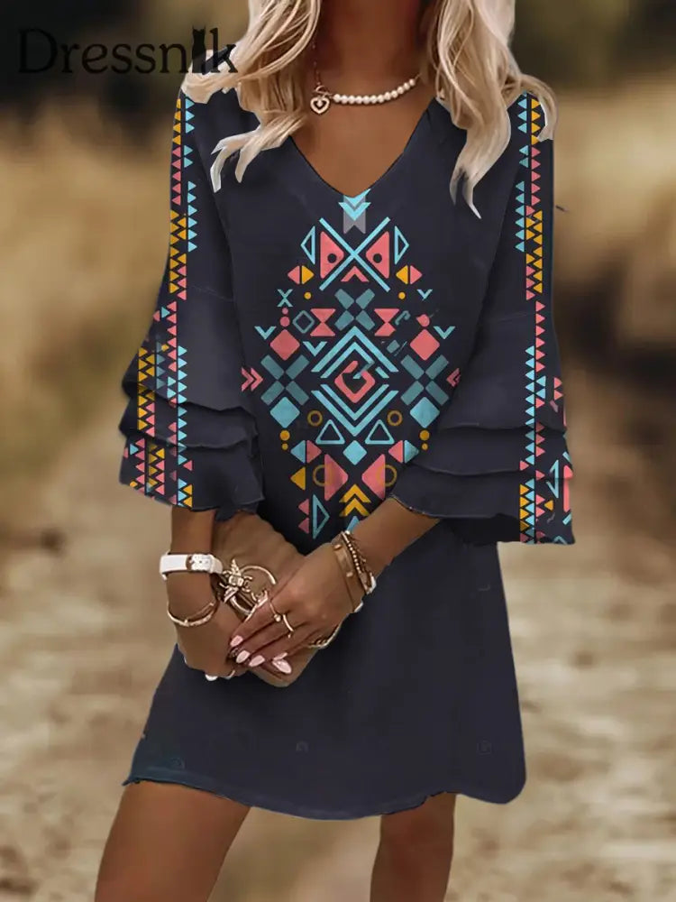 Damen Vintage Western Ethnic Azteken Bunte Kunstdruck Flare Ärmel V-Ausschnitt Lose Kleid Dunkelblau / S