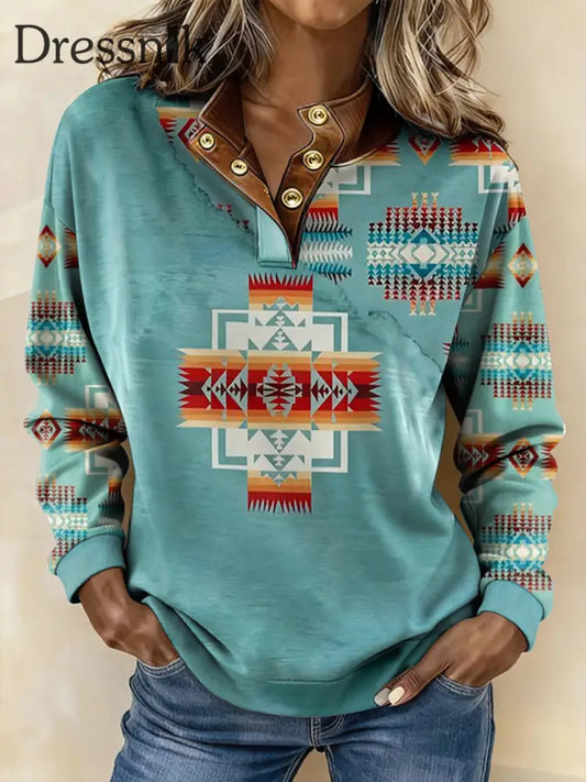 Damen Vintage Western Ethnic Azteken Muster Casual Sweatshirt als bild / S