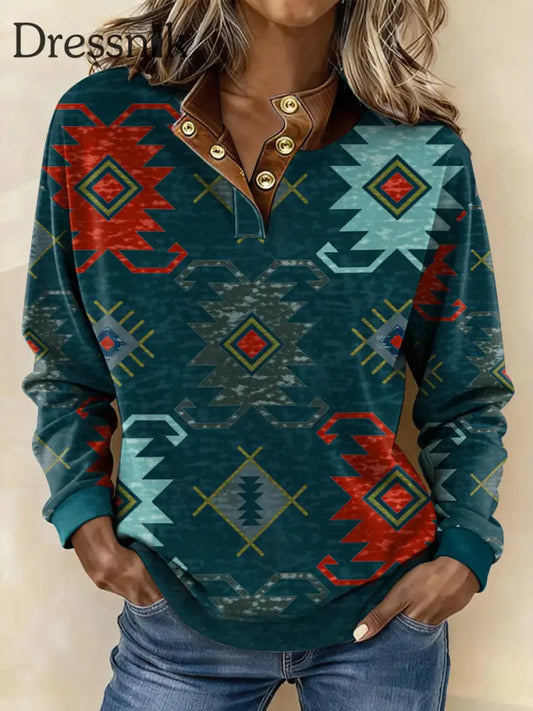 Damen Vintage Western Ethnic Azteken Muster Casual Sweatshirt als bild / S