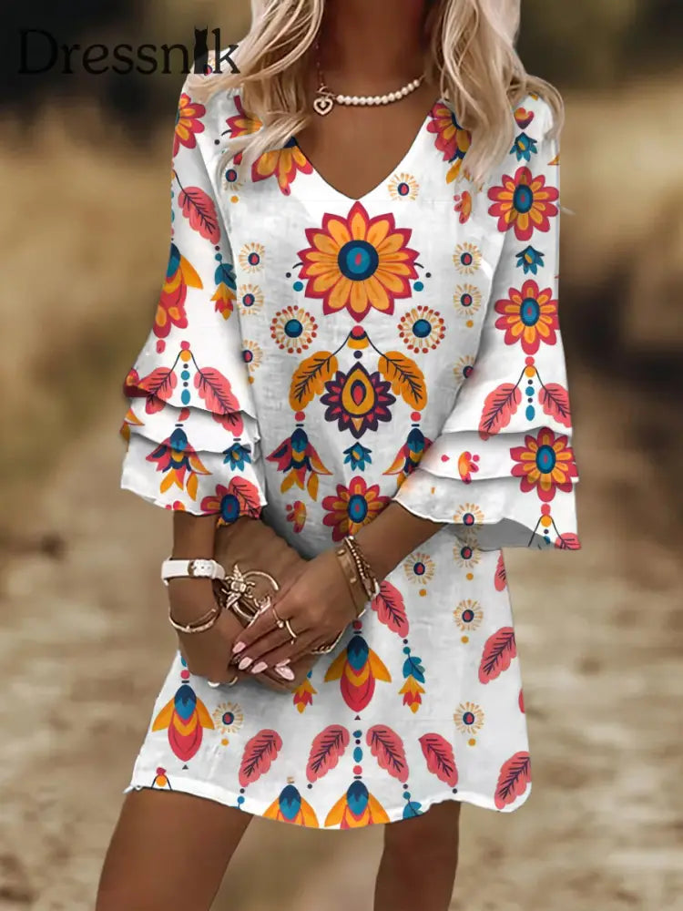 Damen Vintage Western Ethnic Buntes Blumenblatt Kunst Druck Flare Ärmel V-Ausschnitt Lose Kleid Weiß / S