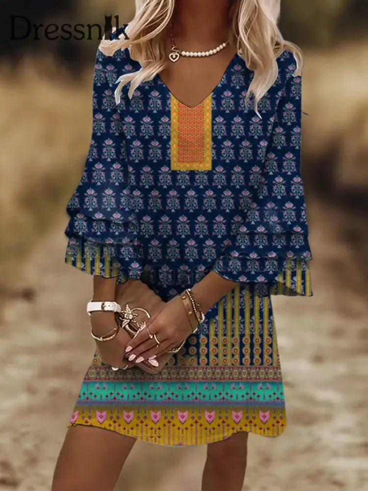 Damen Vintage Western Ethnic Buntes Kleid mit Blumenkunst druck mit V-Ausschnitt Marineblau / S