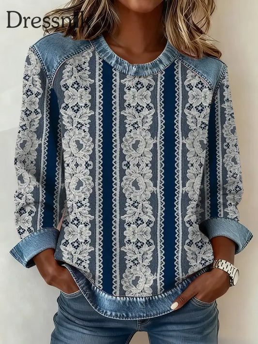 Damen Vintage Western Lace Print Denim Patchwork Top als bild / S