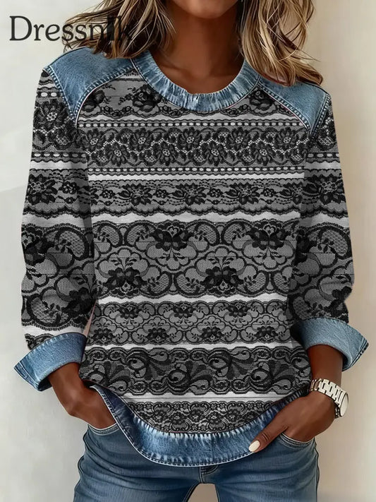 Damen Vintage Western Lace Print Denim Patchwork Top als bild / S