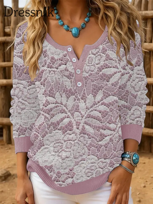 Damen Vintage Westlicher Spitzen druck Langer Ärmel Top als bild / S