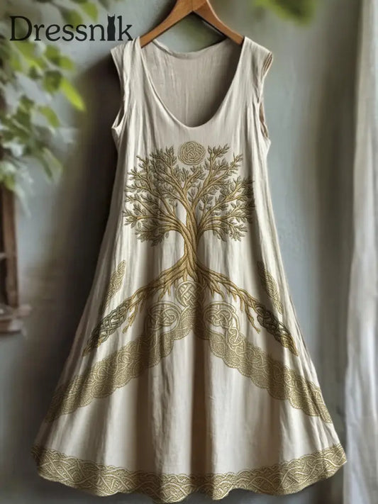 Damen Vintage Wikinger Baum des Lebens Steigung Leinen kleid als bild / S
