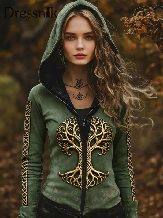 Damen Vintage Wikinger Baum des Lebens Totem lässige Kapuzen jacke mehrfarbig / S