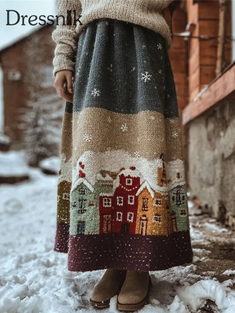 Damen Vintage Winter Cottage Straßenszene Muster Gemütlicher Strick rock als bild / S