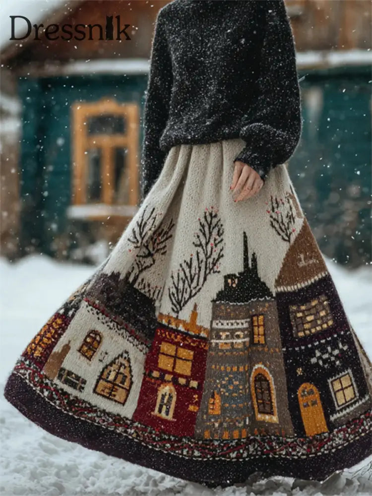 Damen Vintage Winter Cottage Straßenszene Muster Gemütlicher Strick rock als bild / S