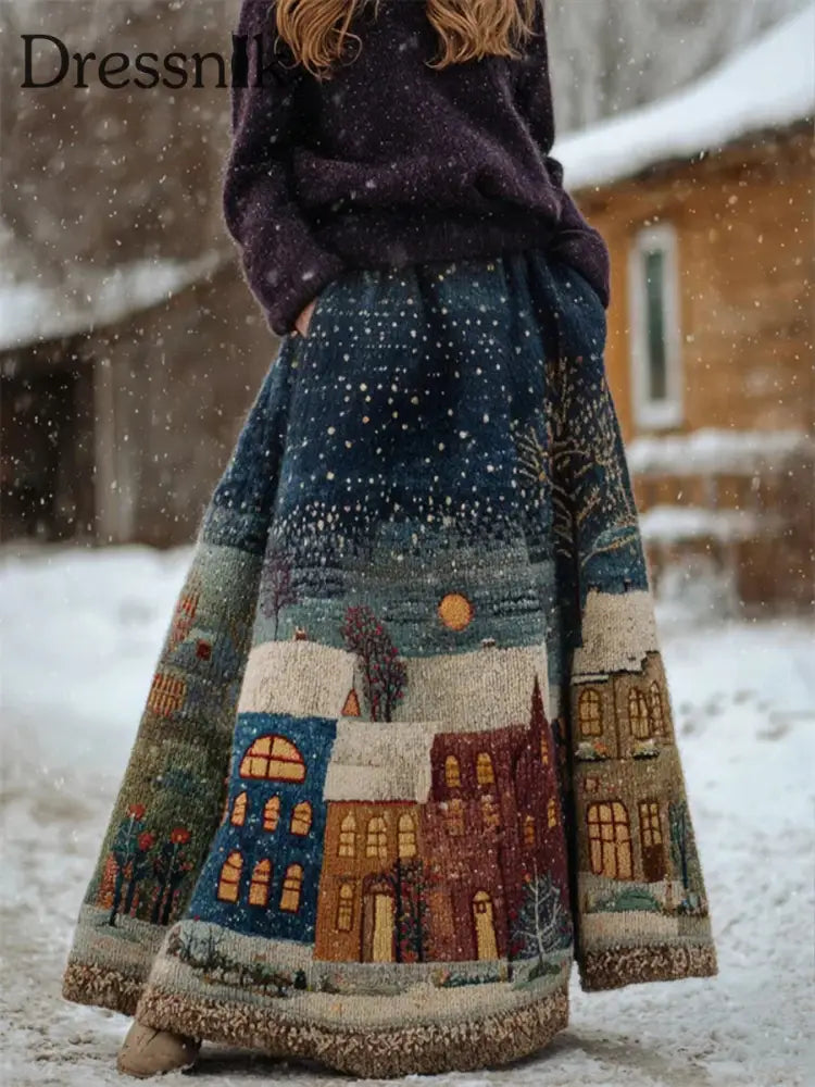 Damen Vintage Winter Cottage Straßenszene Muster Gemütlicher Strick rock als bild / S