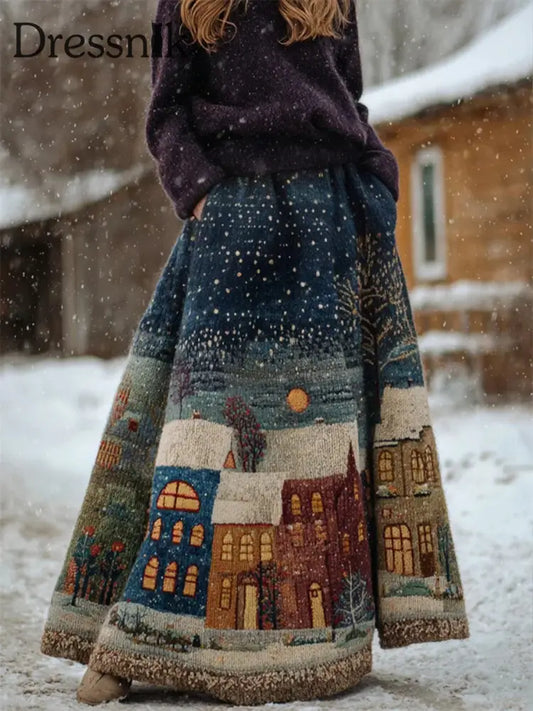 Damen Vintage Winter Cottage Straßenszene Muster Gemütlicher Strick rock als bild / S