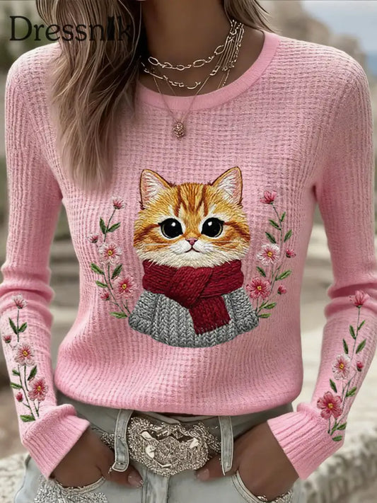 Damen-Waffel-Oberteil mit süßem Katzen druck lässig lang ärmelige Waffel Rosa / S