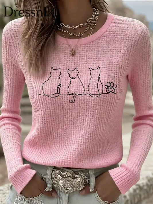 Damen-Waffel-Oberteil mit süßem Katzen druck lässig lang ärmelige Waffel Rosa / S