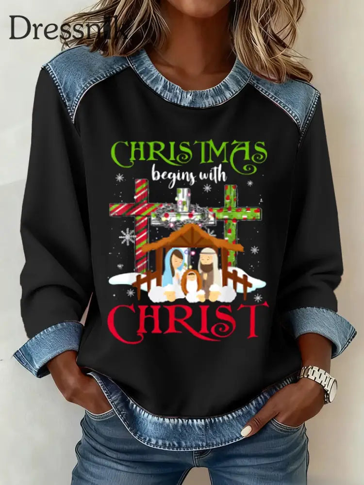 Damen WEIHNACHTEN beginnen mit CHRISTUS Denim Patchwork Top Schwarz / S