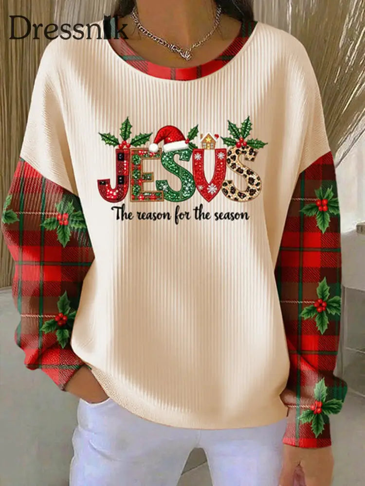 Damen weihnachten kombiniert mit Glaubens druck Geripptes Rundhals-Sweatshirt Cremig-Weiß / S