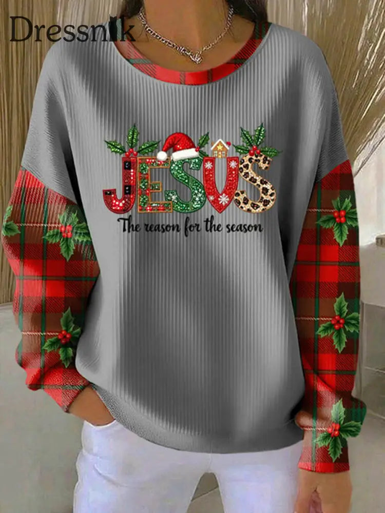 Damen weihnachten kombiniert mit Glaubens druck Geripptes Rundhals-Sweatshirt Grau / S