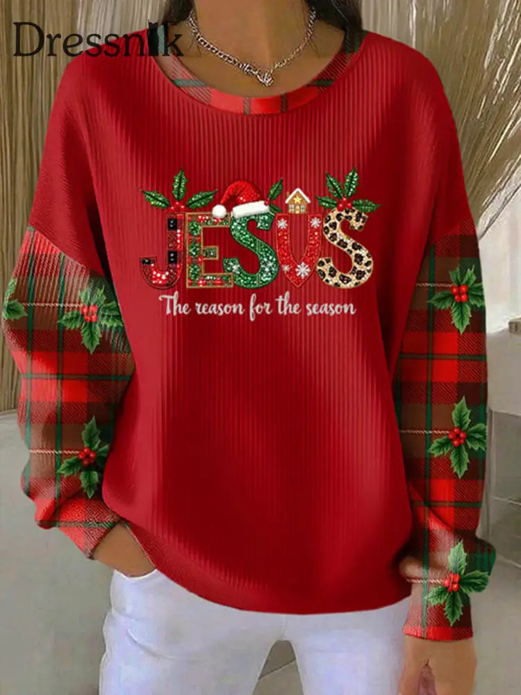Damen weihnachten kombiniert mit Glaubens druck Geripptes Rundhals-Sweatshirt Rot / S
