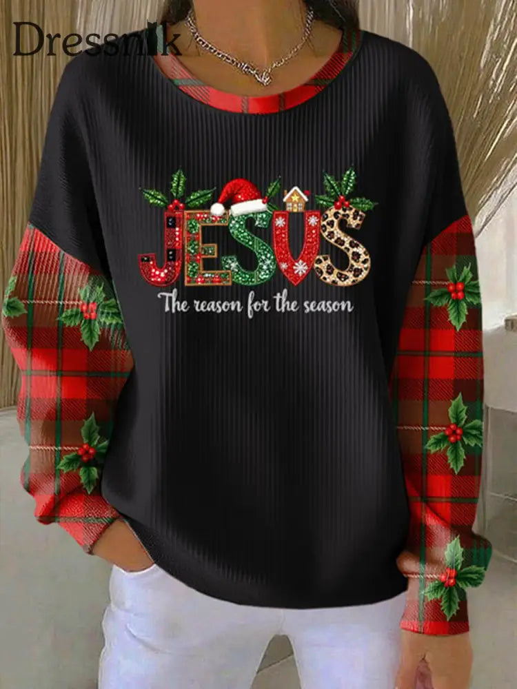 Damen weihnachten kombiniert mit Glaubens druck Geripptes Rundhals-Sweatshirt Schwarz / S
