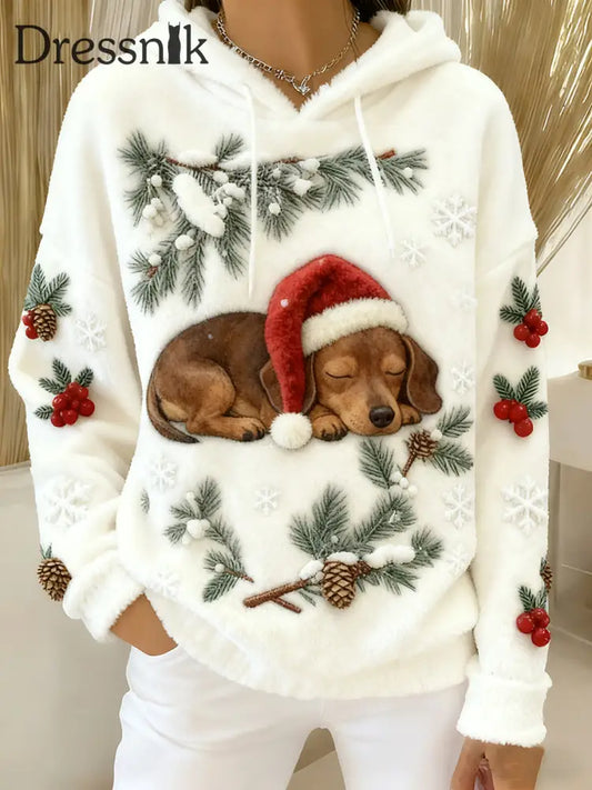 Damen Weihnachten niedlich Wurst Hund Flanell Hoodie als bild / S