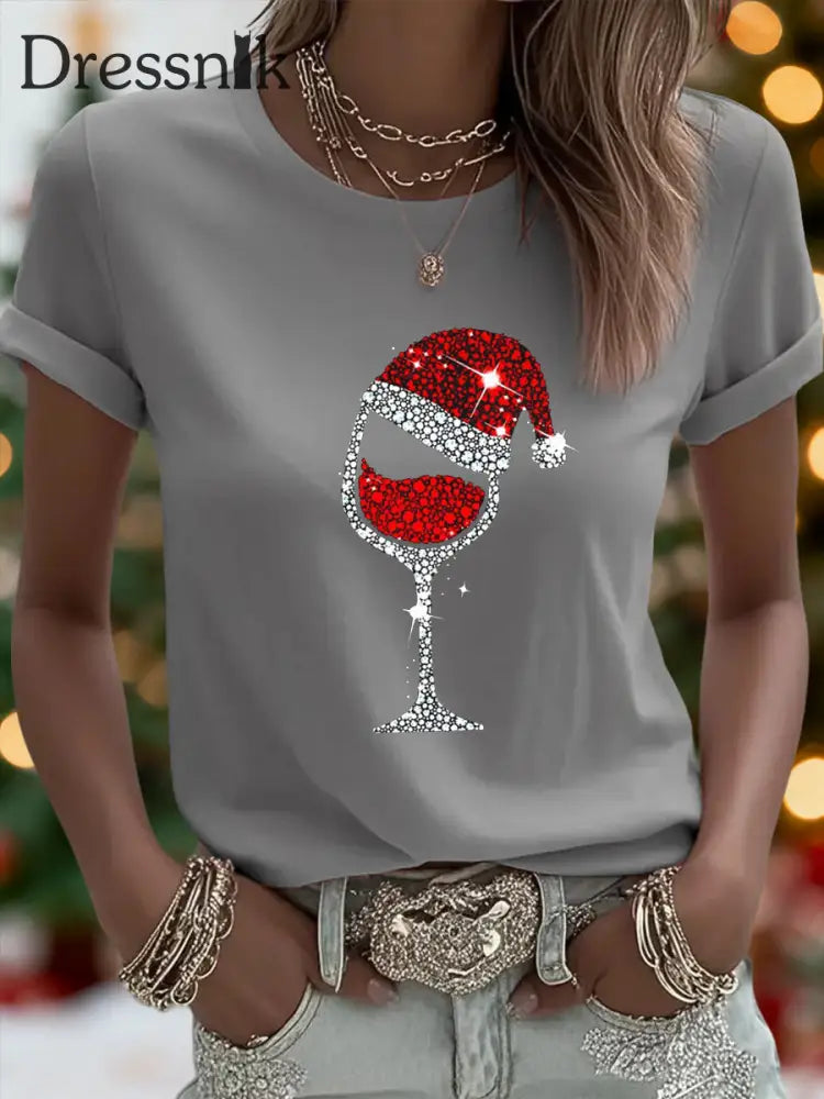 Damen Weihnachten Rotwein Glas Print Casual T-Shirt Hellgrau / S