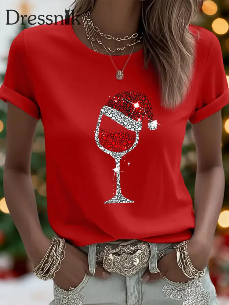 Damen Weihnachten Rotwein Glas Print Casual T-Shirt Rot / S