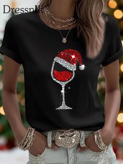 Damen Weihnachten Rotwein Glas Print Casual T-Shirt Schwarz / S