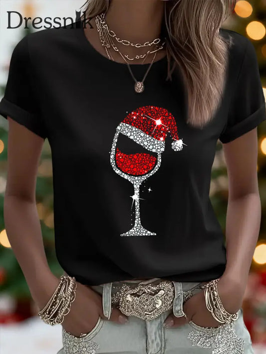 Damen Weihnachten Rotwein Glas Print Casual T-Shirt Schwarz / S