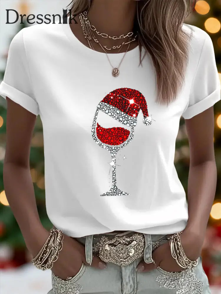 Damen Weihnachten Rotwein Glas Print Casual T-Shirt Weiß / S