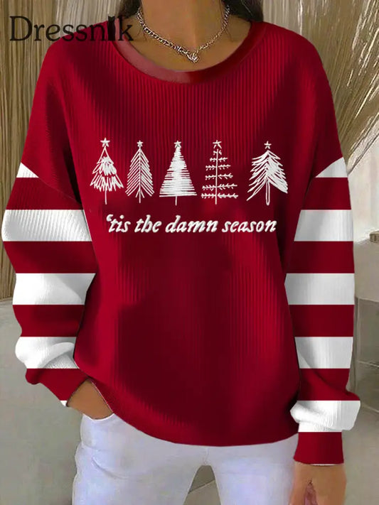Damen-Weihnachts baum druck Geripptes Rundhals-Sweatshirt Rot / S