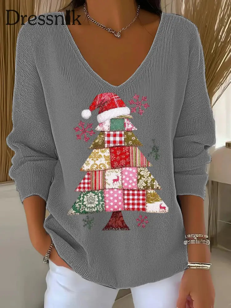 Damen Weihnachts baum Druck V-Ausschnitt gerippt Top Grau / S