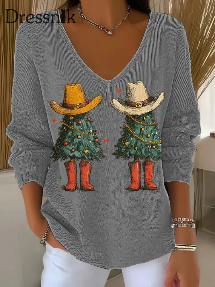 Damen Weihnachts baum Druck V-Ausschnitt gerippt Top Grau / S