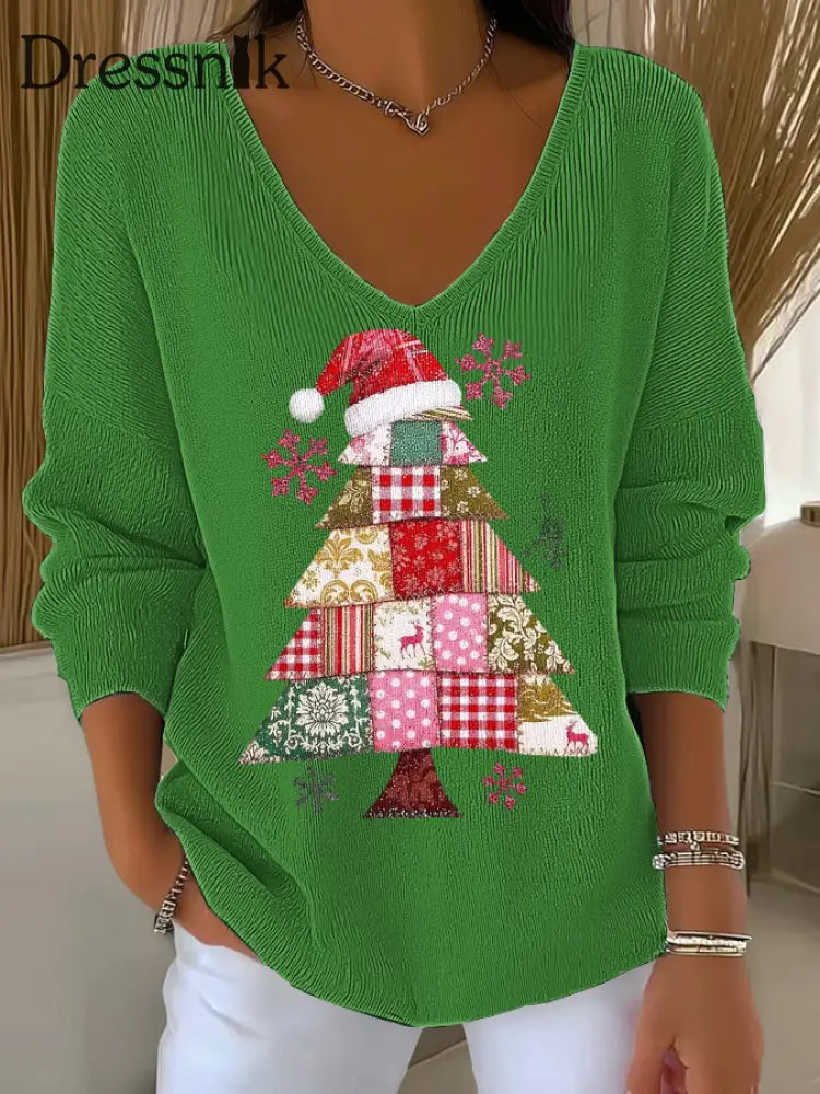 Damen Weihnachts baum Druck V-Ausschnitt gerippt Top Grün / S
