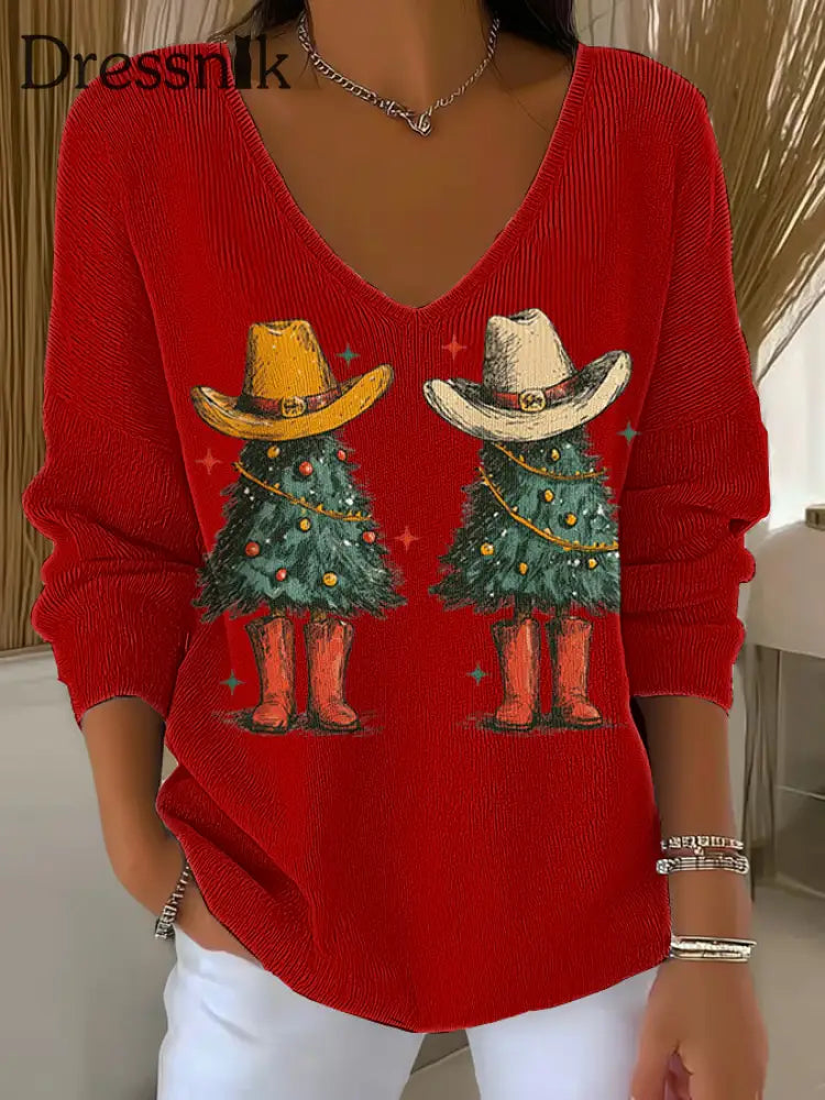 Damen Weihnachts baum Druck V-Ausschnitt gerippt Top Rot / S