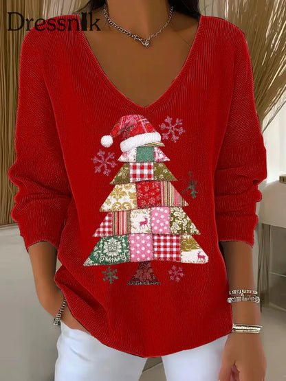 Damen Weihnachts baum Druck V-Ausschnitt gerippt Top Rot / S