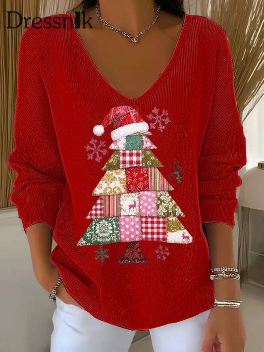 Damen Weihnachts baum Druck V-Ausschnitt gerippt Top Rot / S