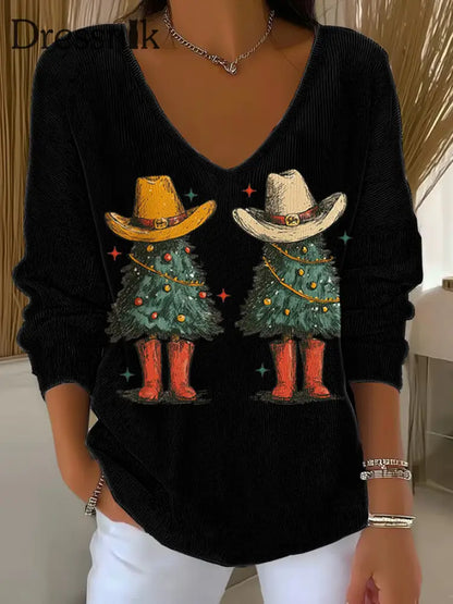 Damen Weihnachts baum Druck V-Ausschnitt gerippt Top Schwarz / S
