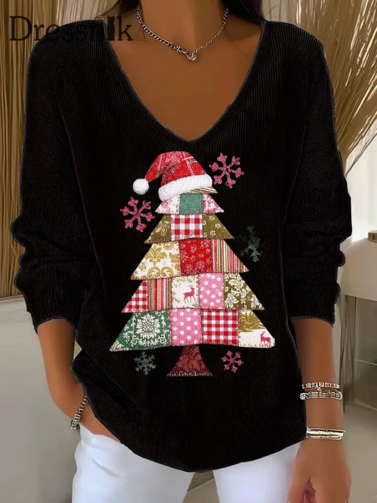 Damen Weihnachts baum Druck V-Ausschnitt gerippt Top Schwarz / S