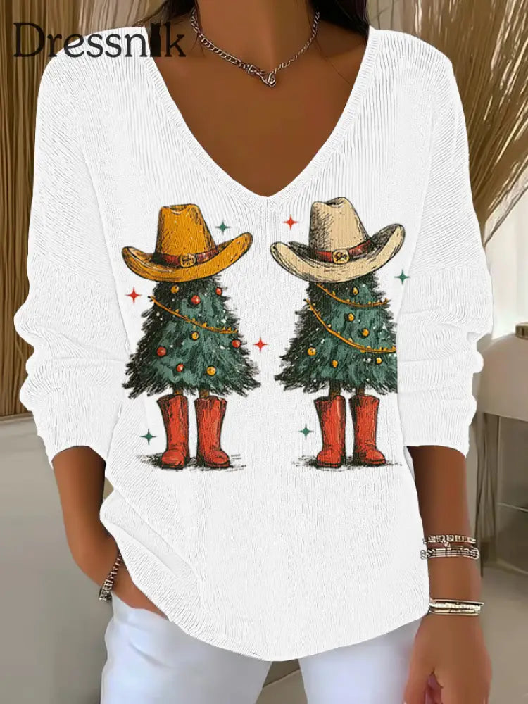 Damen Weihnachts baum Druck V-Ausschnitt gerippt Top Weiß / S